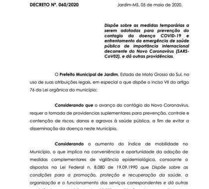 Uso de máscara facial passa a ser obrigatório em Jardim (MS)