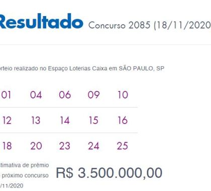 Resultado Concurso 2085 Lotofácil; Prêmio acumula em R$ 3,5 milhões