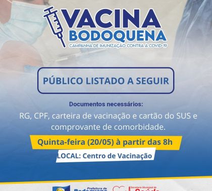 Pessoas de 45 anos com comorbidades, gestantes e puérperas serão vacinadas contra Covid-19 nesta quinta em Bodoquena