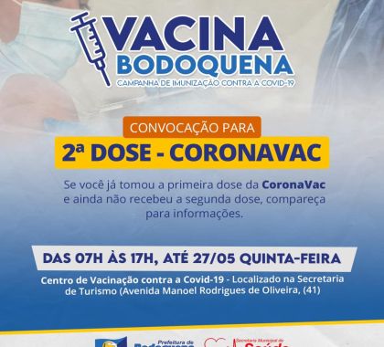 Bodoquena realiza aplicação da segunda dose da CoronaVac até quinta-feira