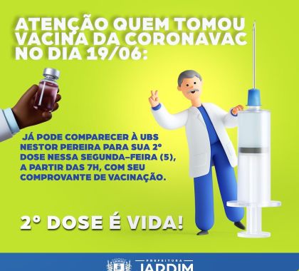 Vacinação da segunda dose da Coronavac acontece nesta segunda-feira em Jardim