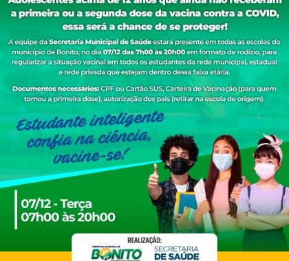 Bonito realiza campanha de vacinação contra a Covid-19 nas escolas nesta terça-feira